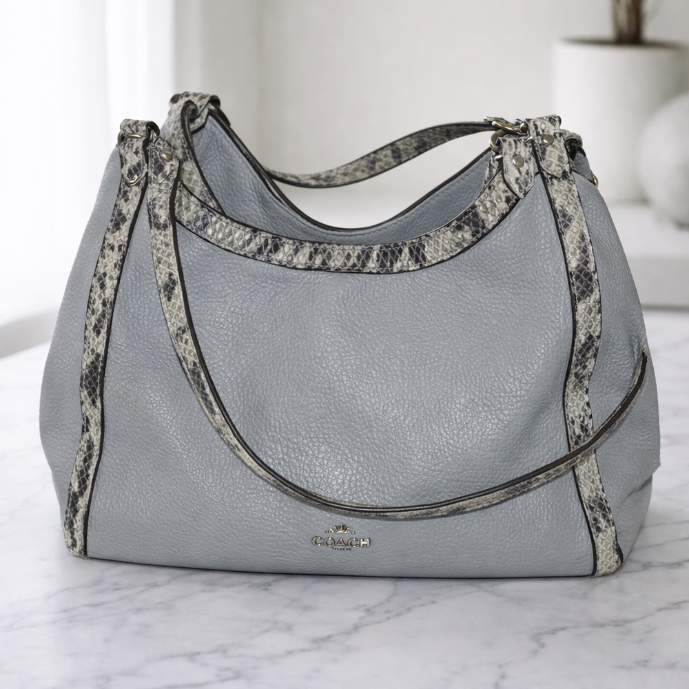 Coach Pebbled Leather Gray Hobo Shoulder Bag with Exotic Snakeskin-Embossed Trim - Picture 2 of 16